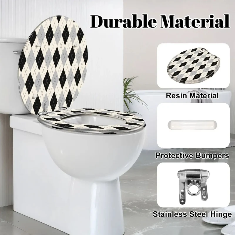Round Soft Close Toilet Seat Forged From Heavy Duty Resin With Smooth Operator Hinges And Foolproof Mounting Hardware Shows Off A Bold Black White Checkered Vibe For Zero Hassle Bathroom Updates