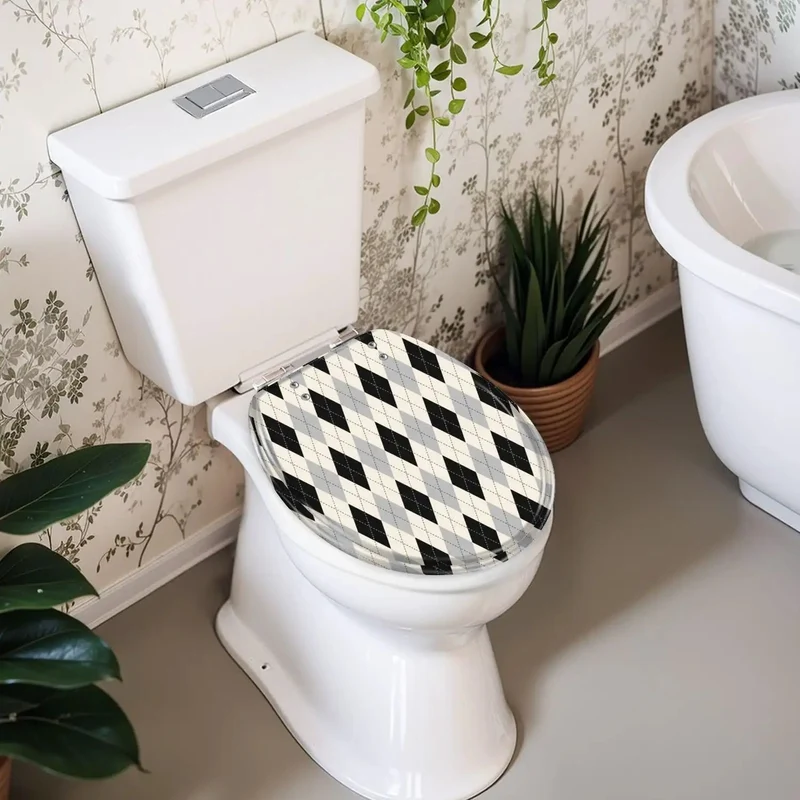 Round Soft Close Toilet Seat Forged From Heavy Duty Resin With Smooth Operator Hinges And Foolproof Mounting Hardware Shows Off A Bold Black White Checkered Vibe For Zero Hassle Bathroom Updates