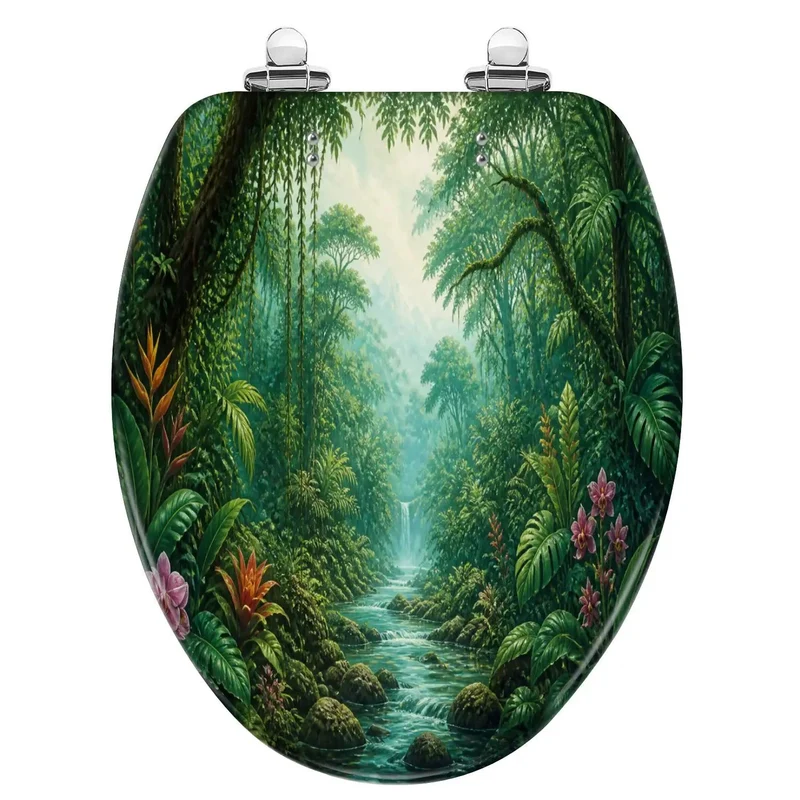 Elongated Tropical Rainforest Waterfall Toilet Seat Featuring Lush Plant Patterns Rock Solid Resin Frame Hella Durable Daily Use Super Quiet Soft Close Lid Smooth As Butter Zero Hassle Setup