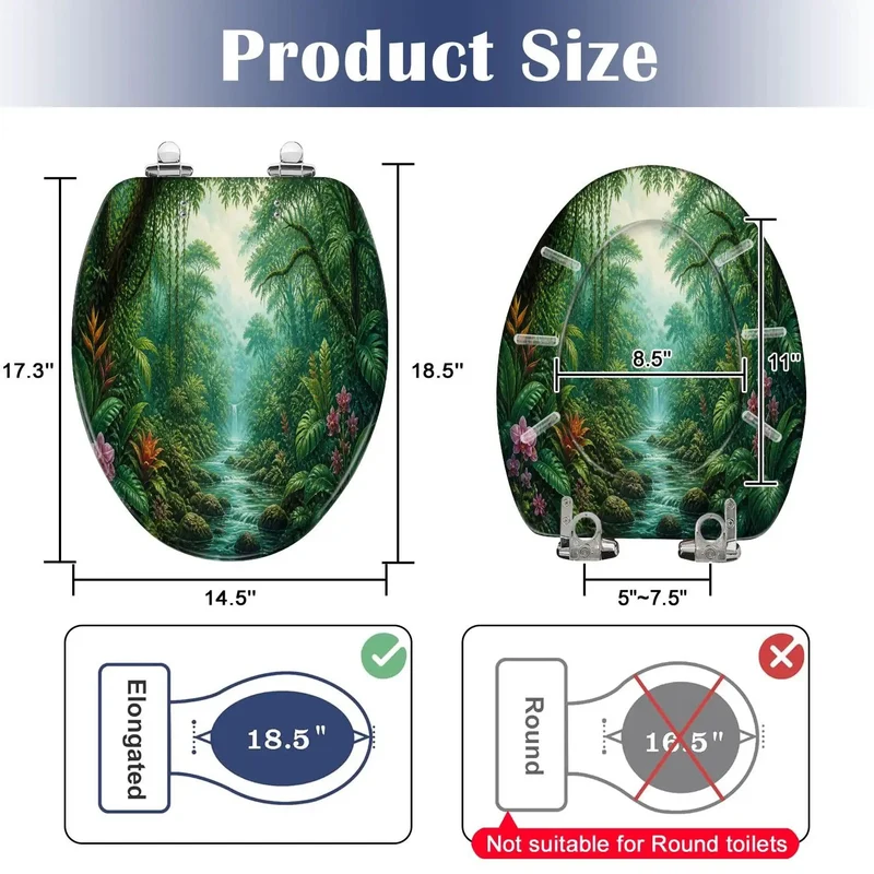 Elongated Tropical Rainforest Waterfall Toilet Seat Featuring Lush Plant Patterns Rock Solid Resin Frame Hella Durable Daily Use Super Quiet Soft Close Lid Smooth As Butter Zero Hassle Setup