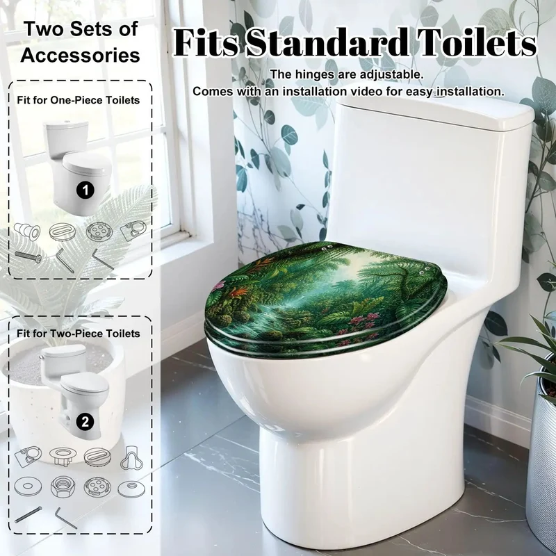 Elongated Tropical Rainforest Waterfall Toilet Seat Featuring Lush Plant Patterns Rock Solid Resin Frame Hella Durable Daily Use Super Quiet Soft Close Lid Smooth As Butter Zero Hassle Setup