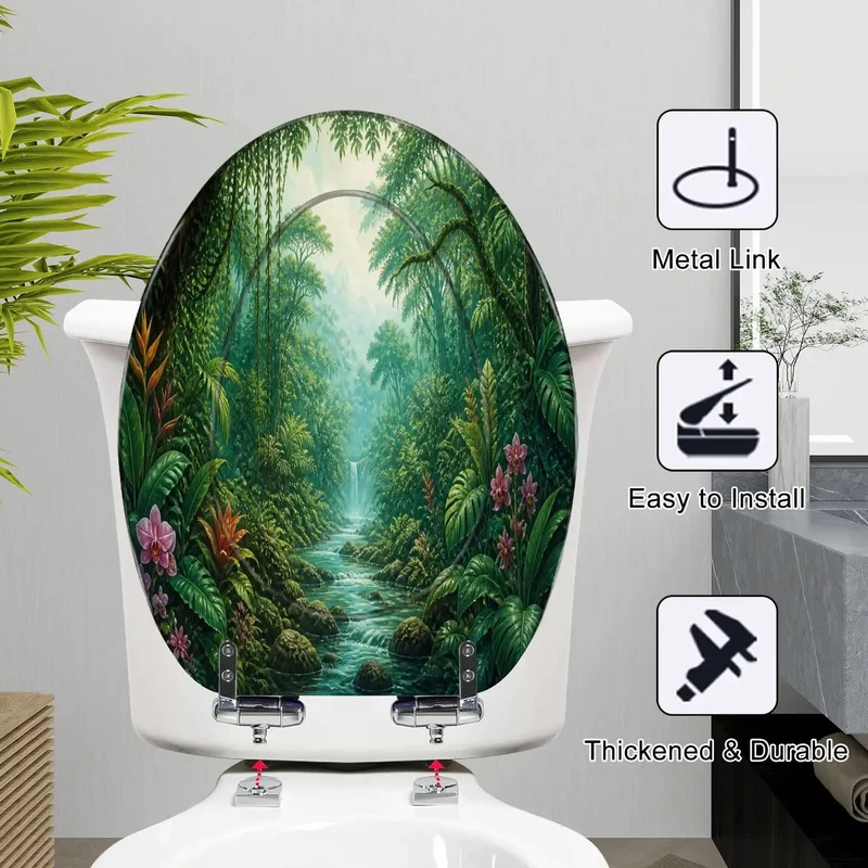 Elongated Tropical Rainforest Waterfall Toilet Seat Featuring Lush Plant Patterns Rock Solid Resin Frame Hella Durable Daily Use Super Quiet Soft Close Lid Smooth As Butter Zero Hassle Setup