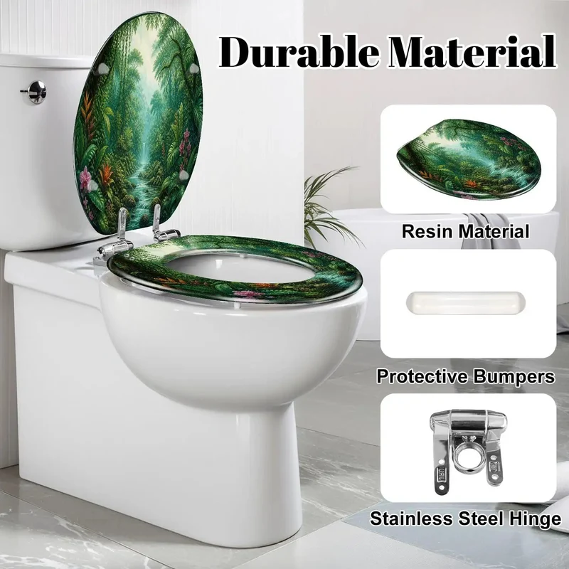 Elongated Tropical Rainforest Waterfall Toilet Seat Featuring Lush Plant Patterns Rock Solid Resin Frame Hella Durable Daily Use Super Quiet Soft Close Lid Smooth As Butter Zero Hassle Setup