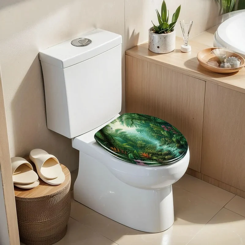 Elongated Tropical Rainforest Waterfall Toilet Seat Featuring Lush Plant Patterns Rock Solid Resin Frame Hella Durable Daily Use Super Quiet Soft Close Lid Smooth As Butter Zero Hassle Setup