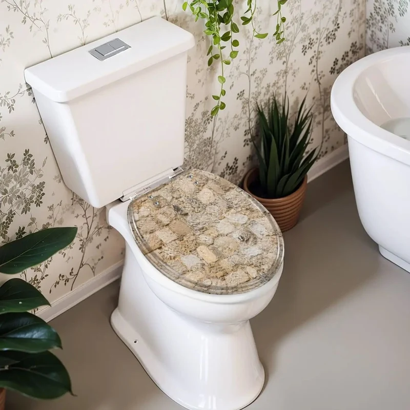 Round Stone Look Resin Toilet Seat With Soft Close Quiet Lid And Heavy Duty Hinges Built Tough For No Fuss Daily Use And Smoother Bathroom Upgrades Today