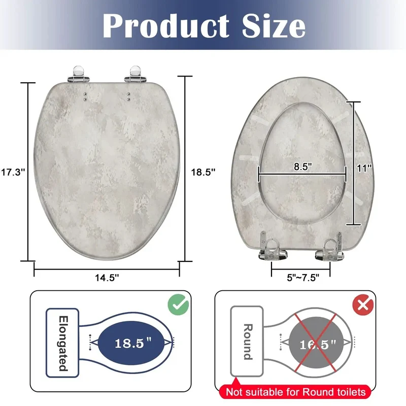Real Deal Elongated Toilet Seat Featuring Smooth Soft Close Resin Lid That Drops Quietly And Rocks A Bold Silver Grey Concrete Grunge Abstract Look Built For Heavy Duty Bathroom Life