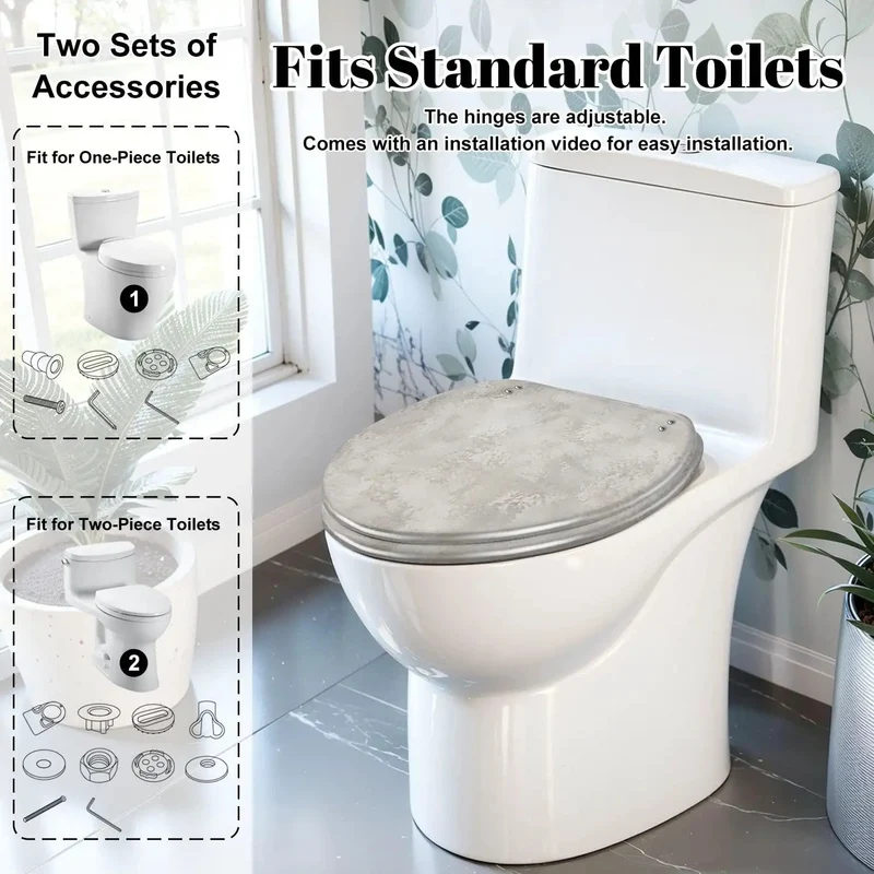 Real Deal Elongated Toilet Seat Featuring Smooth Soft Close Resin Lid That Drops Quietly And Rocks A Bold Silver Grey Concrete Grunge Abstract Look Built For Heavy Duty Bathroom Life