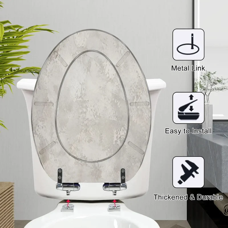 Real Deal Elongated Toilet Seat Featuring Smooth Soft Close Resin Lid That Drops Quietly And Rocks A Bold Silver Grey Concrete Grunge Abstract Look Built For Heavy Duty Bathroom Life