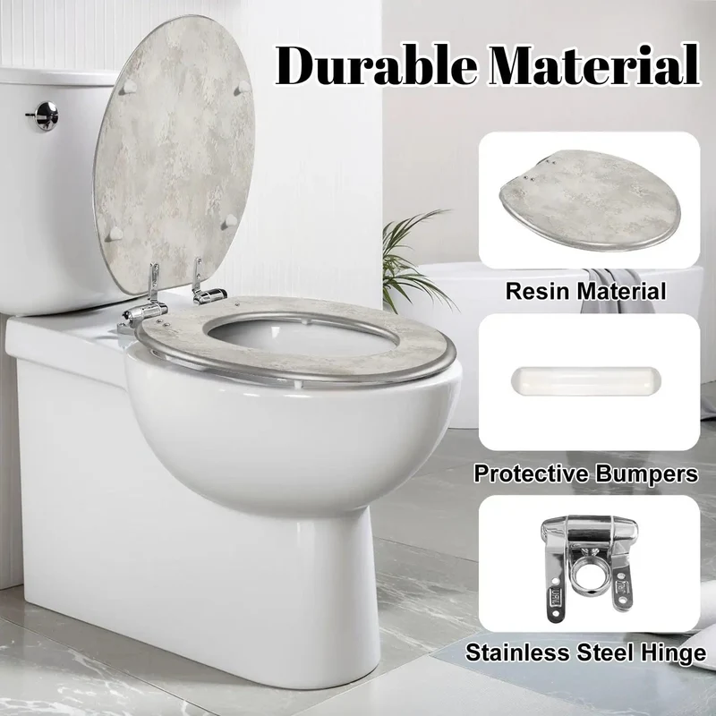 Real Deal Elongated Toilet Seat Featuring Smooth Soft Close Resin Lid That Drops Quietly And Rocks A Bold Silver Grey Concrete Grunge Abstract Look Built For Heavy Duty Bathroom Life