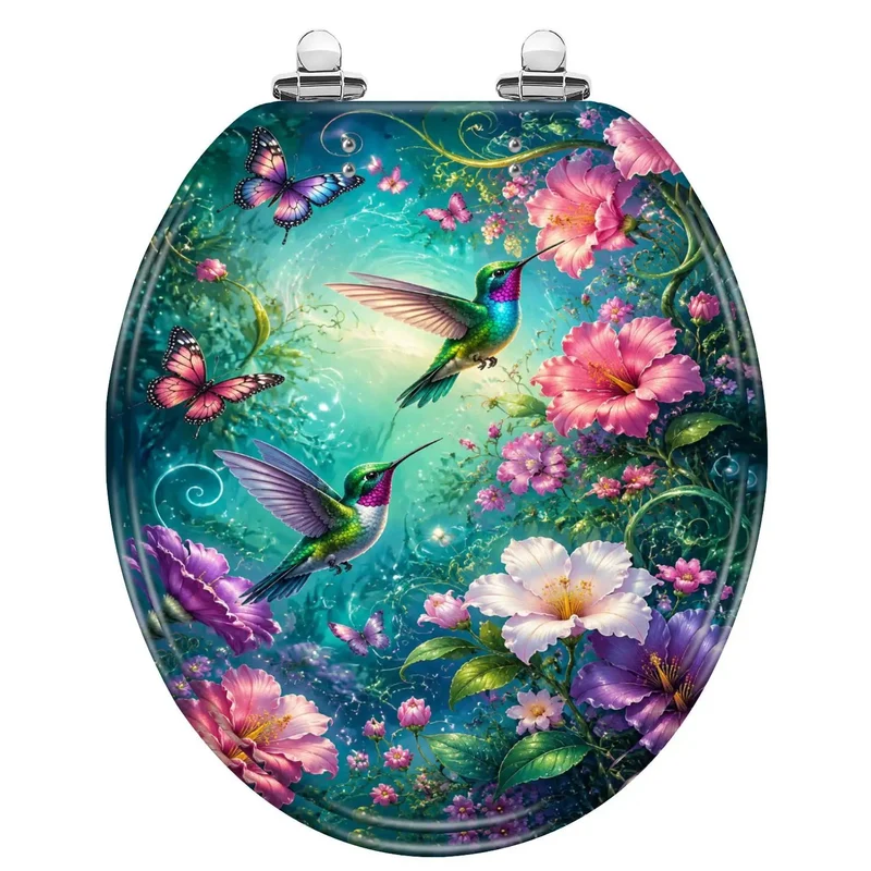 Round Rock Solid Resin Toilet Seat With Slick Soft Close Hinge Serving Up Bold Hummingbird And Butterfly Chinoiserie Vibes For Your Everyday Bathroom Setup