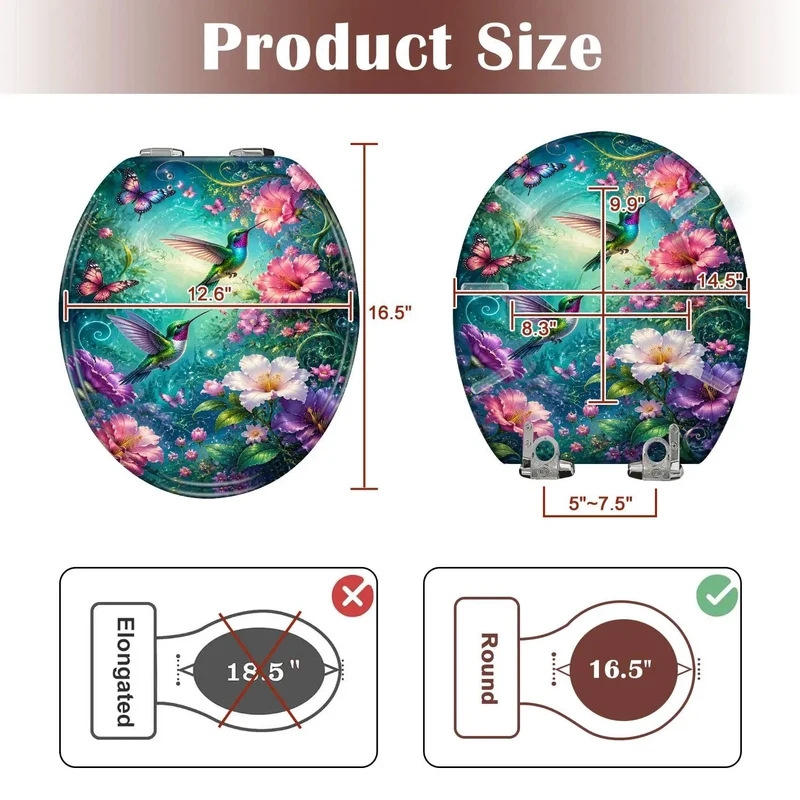 Round Rock Solid Resin Toilet Seat With Slick Soft Close Hinge Serving Up Bold Hummingbird And Butterfly Chinoiserie Vibes For Your Everyday Bathroom Setup