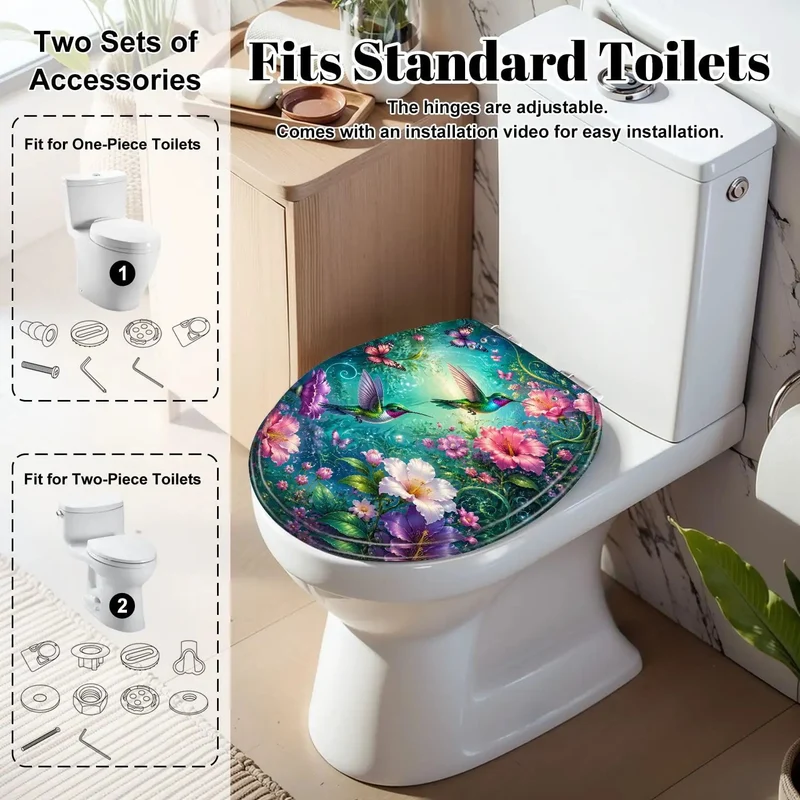 Round Rock Solid Resin Toilet Seat With Slick Soft Close Hinge Serving Up Bold Hummingbird And Butterfly Chinoiserie Vibes For Your Everyday Bathroom Setup