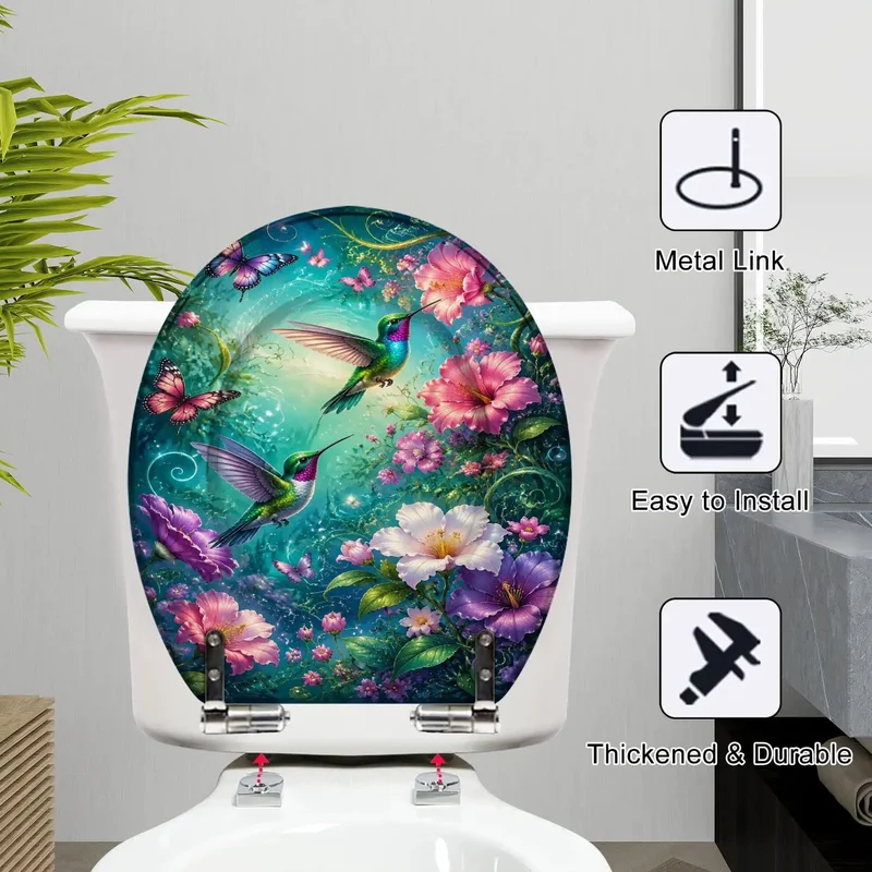 Round Rock Solid Resin Toilet Seat With Slick Soft Close Hinge Serving Up Bold Hummingbird And Butterfly Chinoiserie Vibes For Your Everyday Bathroom Setup