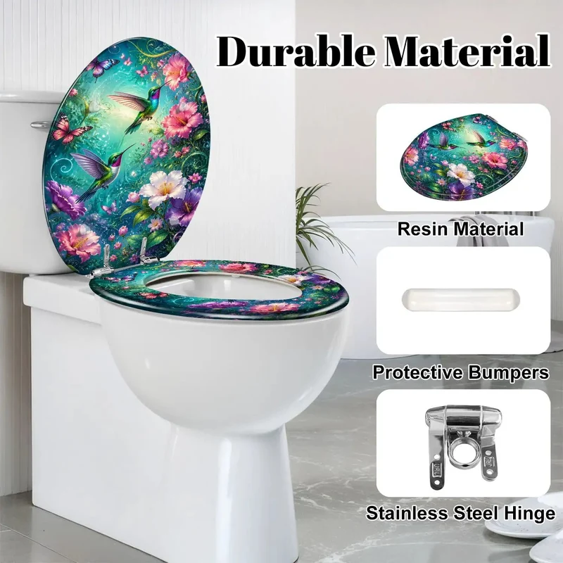 Round Rock Solid Resin Toilet Seat With Slick Soft Close Hinge Serving Up Bold Hummingbird And Butterfly Chinoiserie Vibes For Your Everyday Bathroom Setup