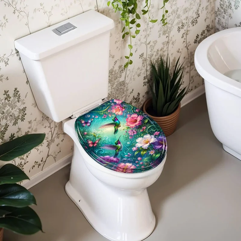 Round Rock Solid Resin Toilet Seat With Slick Soft Close Hinge Serving Up Bold Hummingbird And Butterfly Chinoiserie Vibes For Your Everyday Bathroom Setup