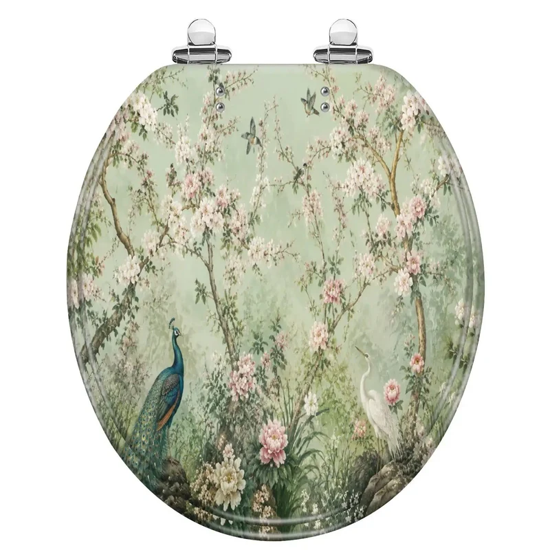 Round Soft Close Toilet Seat With Durable Resin Build And Vivid Peacock Heron Floral Art Easy Seat Mount Quiet Drop Lid Smooth Bathroom Glow Up Heavy Duty Comfort For Home Charm