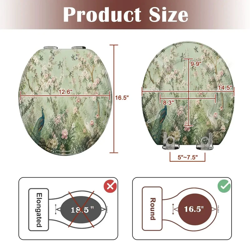 Round Soft Close Toilet Seat With Durable Resin Build And Vivid Peacock Heron Floral Art Easy Seat Mount Quiet Drop Lid Smooth Bathroom Glow Up Heavy Duty Comfort For Home Charm