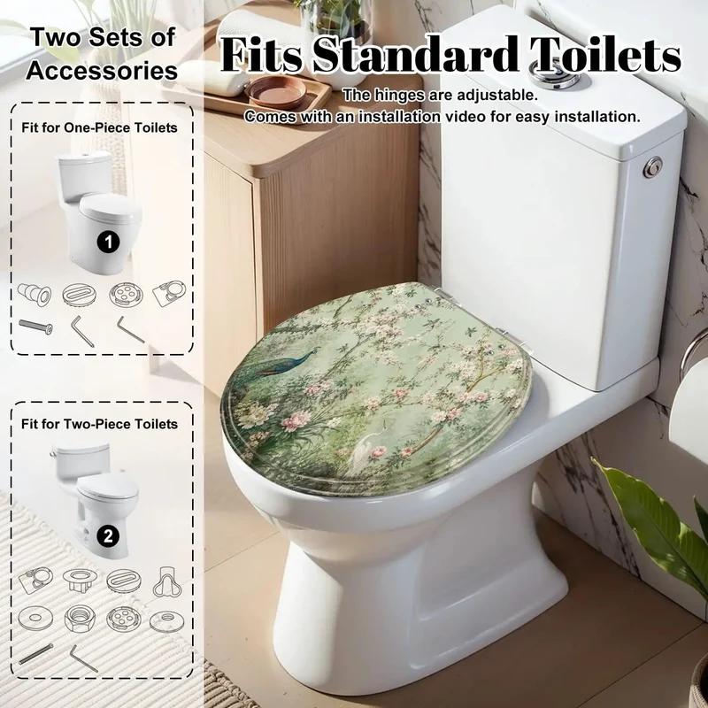 Round Soft Close Toilet Seat With Durable Resin Build And Vivid Peacock Heron Floral Art Easy Seat Mount Quiet Drop Lid Smooth Bathroom Glow Up Heavy Duty Comfort For Home Charm