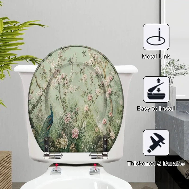 Round Soft Close Toilet Seat With Durable Resin Build And Vivid Peacock Heron Floral Art Easy Seat Mount Quiet Drop Lid Smooth Bathroom Glow Up Heavy Duty Comfort For Home Charm