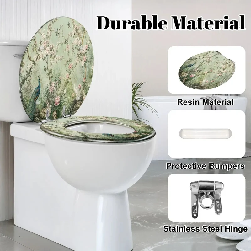 Round Soft Close Toilet Seat With Durable Resin Build And Vivid Peacock Heron Floral Art Easy Seat Mount Quiet Drop Lid Smooth Bathroom Glow Up Heavy Duty Comfort For Home Charm