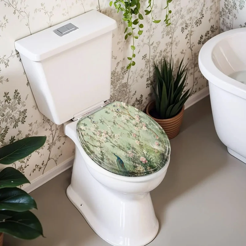 Round Soft Close Toilet Seat With Durable Resin Build And Vivid Peacock Heron Floral Art Easy Seat Mount Quiet Drop Lid Smooth Bathroom Glow Up Heavy Duty Comfort For Home Charm