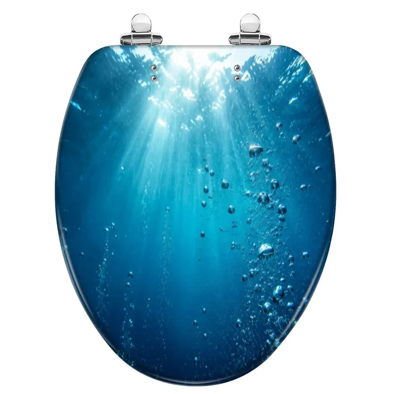 Heavy Duty Elongated Soft Close Toilet Seat Displaying Blue Ocean Wave Graphics And Detailed Underwater Bubbles Tough Resin Construction Enables Fast Installation And Smooth Silent Lid Closure For Zero Hassle Bathroom Makeovers