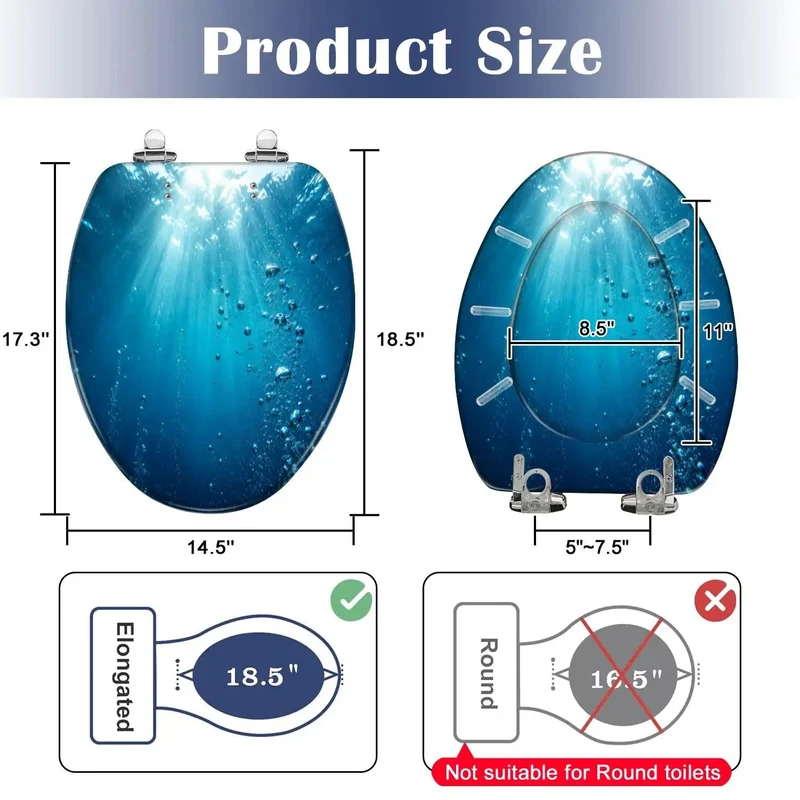 Heavy Duty Elongated Soft Close Toilet Seat Displaying Blue Ocean Wave Graphics And Detailed Underwater Bubbles Tough Resin Construction Enables Fast Installation And Smooth Silent Lid Closure For Zero Hassle Bathroom Makeovers