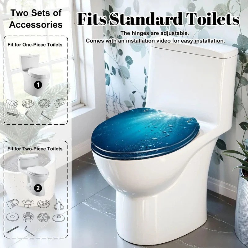 Heavy Duty Elongated Soft Close Toilet Seat Displaying Blue Ocean Wave Graphics And Detailed Underwater Bubbles Tough Resin Construction Enables Fast Installation And Smooth Silent Lid Closure For Zero Hassle Bathroom Makeovers
