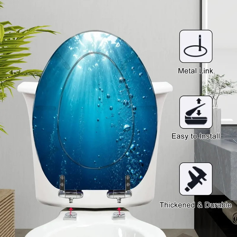 Heavy Duty Elongated Soft Close Toilet Seat Displaying Blue Ocean Wave Graphics And Detailed Underwater Bubbles Tough Resin Construction Enables Fast Installation And Smooth Silent Lid Closure For Zero Hassle Bathroom Makeovers