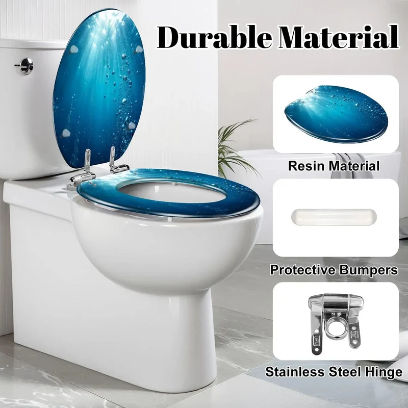 Heavy Duty Elongated Soft Close Toilet Seat Displaying Blue Ocean Wave Graphics And Detailed Underwater Bubbles Tough Resin Construction Enables Fast Installation And Smooth Silent Lid Closure For Zero Hassle Bathroom Makeovers