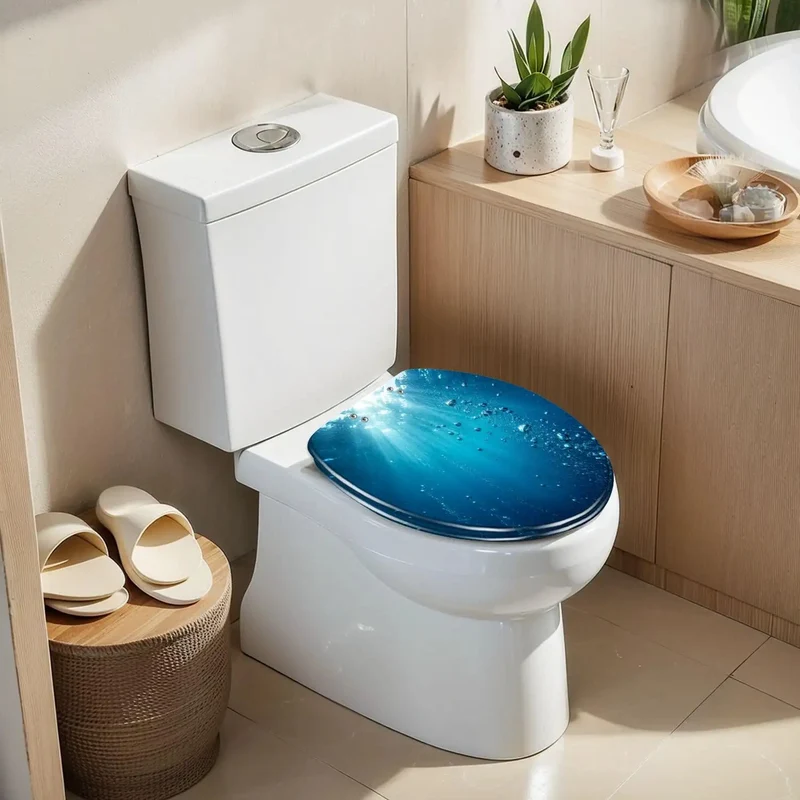 Heavy Duty Elongated Soft Close Toilet Seat Displaying Blue Ocean Wave Graphics And Detailed Underwater Bubbles Tough Resin Construction Enables Fast Installation And Smooth Silent Lid Closure For Zero Hassle Bathroom Makeovers