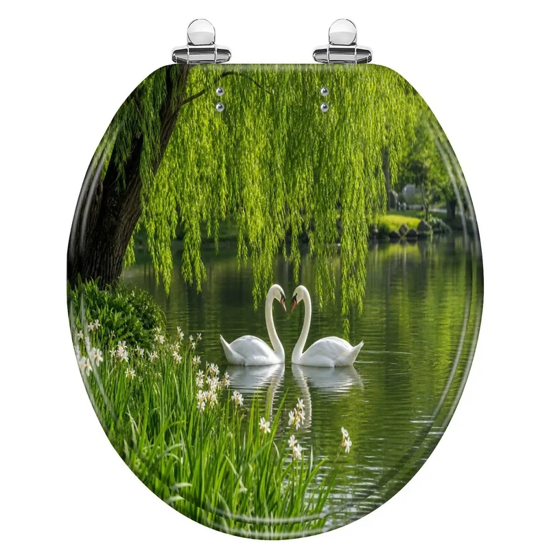 Round Soft Close Toilet Seat Featuring Graceful Swan Artwork And Serene Pond Motif Built Tough Resin Frame Smooth Glide Lid For Hassle Free Bathroom Refresh Without Any Loud Slamming