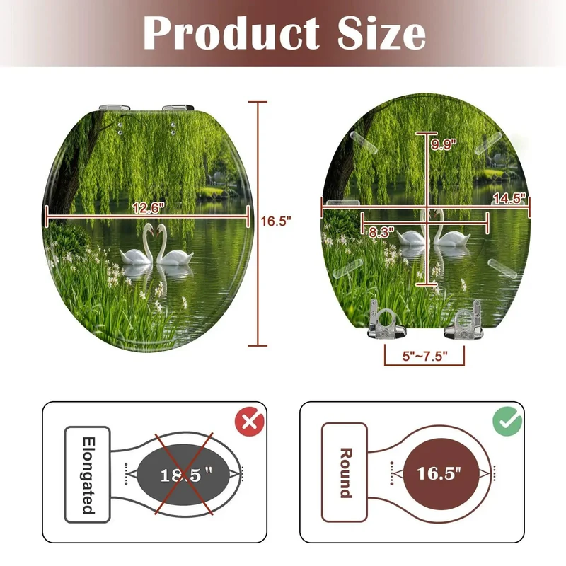 Round Soft Close Toilet Seat Featuring Graceful Swan Artwork And Serene Pond Motif Built Tough Resin Frame Smooth Glide Lid For Hassle Free Bathroom Refresh Without Any Loud Slamming