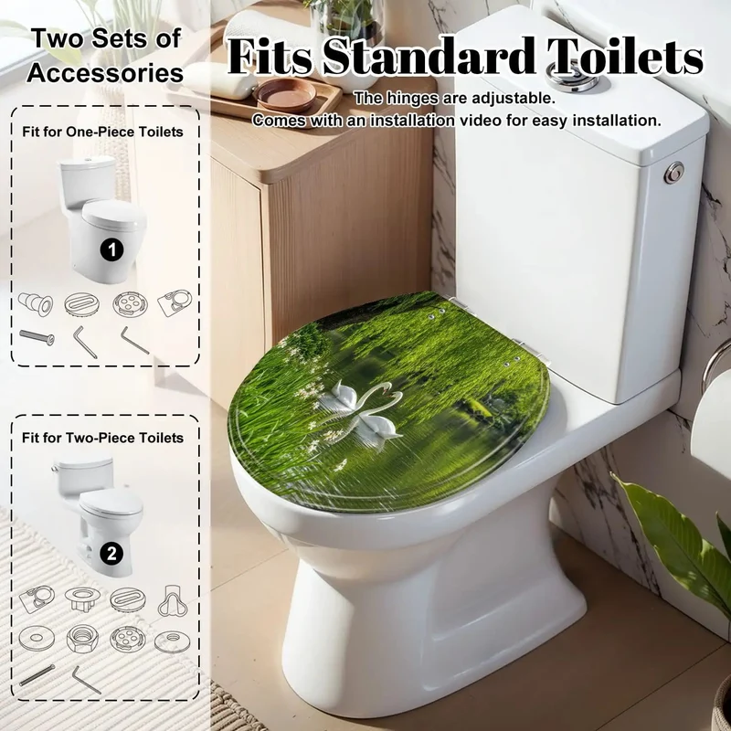 Round Soft Close Toilet Seat Featuring Graceful Swan Artwork And Serene Pond Motif Built Tough Resin Frame Smooth Glide Lid For Hassle Free Bathroom Refresh Without Any Loud Slamming