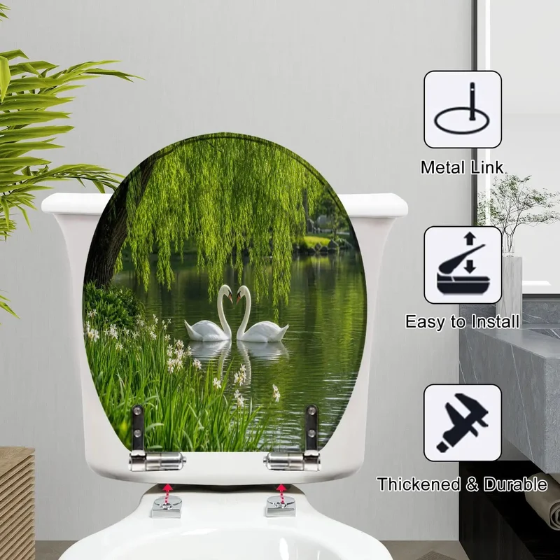 Round Soft Close Toilet Seat Featuring Graceful Swan Artwork And Serene Pond Motif Built Tough Resin Frame Smooth Glide Lid For Hassle Free Bathroom Refresh Without Any Loud Slamming