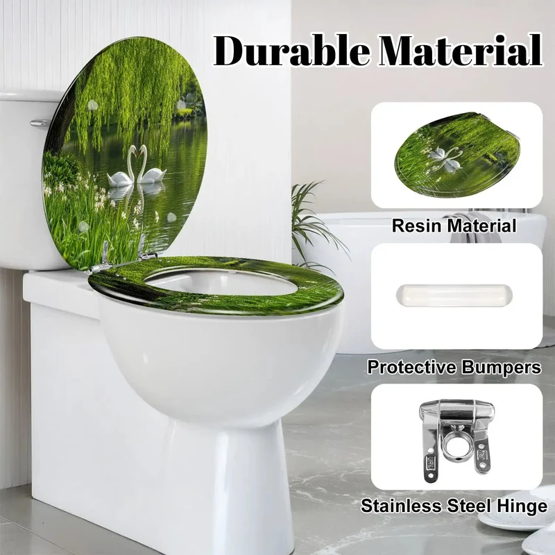 Round Soft Close Toilet Seat Featuring Graceful Swan Artwork And Serene Pond Motif Built Tough Resin Frame Smooth Glide Lid For Hassle Free Bathroom Refresh Without Any Loud Slamming