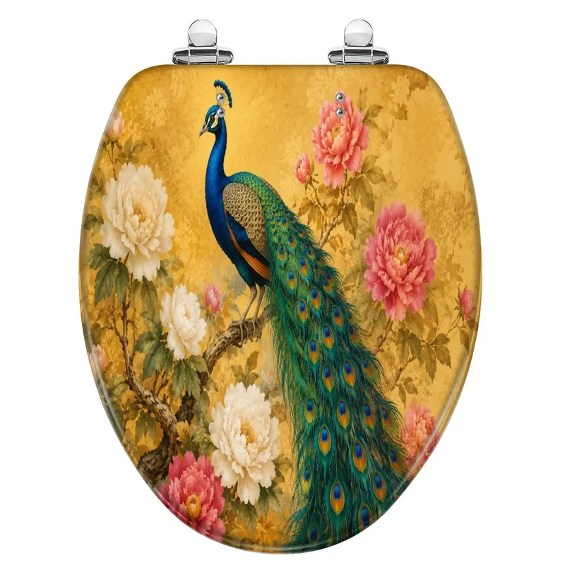 Seriously Hella Stunning Vintage Golden Peacock Flowing Tail Feather Design Elongated Toilet Seat With A Silky Smooth Soft Close Hinge And Tough As Nails Resin Craftsmanship
