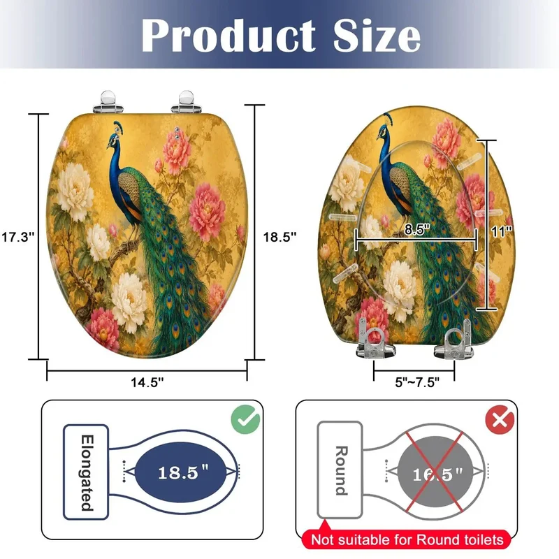 Seriously Hella Stunning Vintage Golden Peacock Flowing Tail Feather Design Elongated Toilet Seat With A Silky Smooth Soft Close Hinge And Tough As Nails Resin Craftsmanship