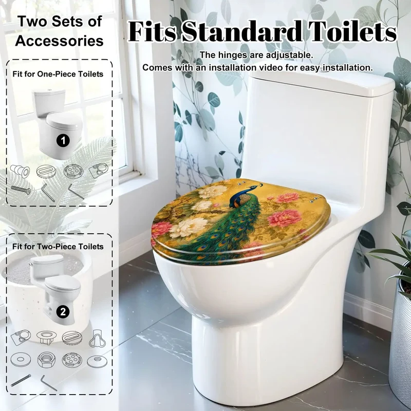 Seriously Hella Stunning Vintage Golden Peacock Flowing Tail Feather Design Elongated Toilet Seat With A Silky Smooth Soft Close Hinge And Tough As Nails Resin Craftsmanship