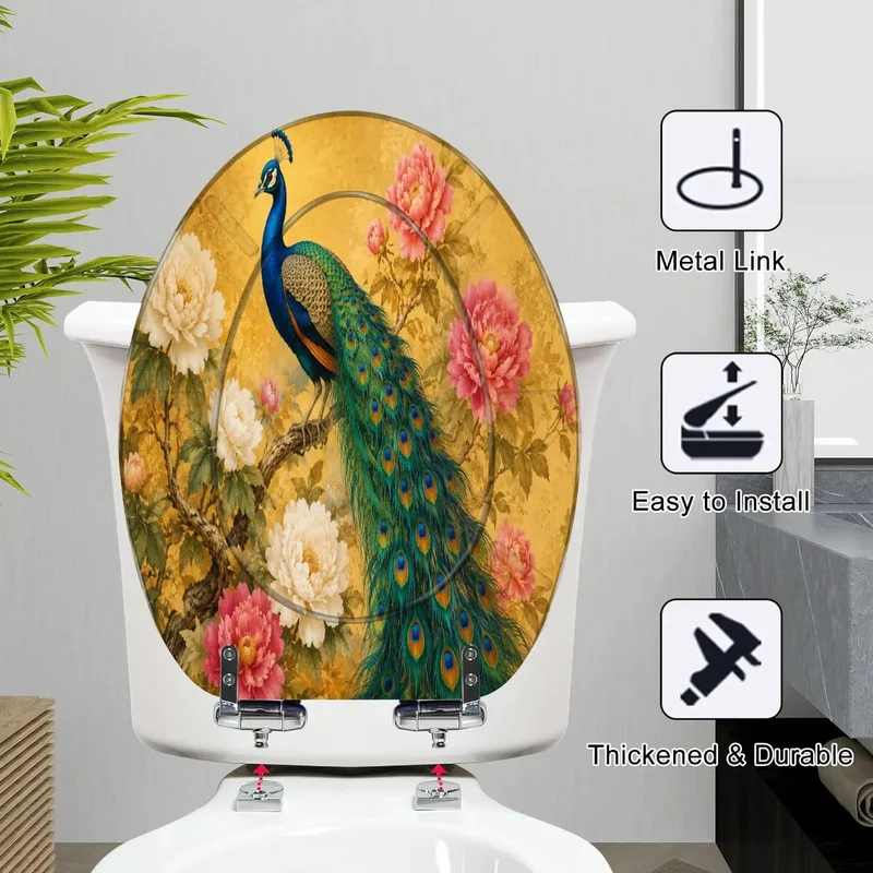 Seriously Hella Stunning Vintage Golden Peacock Flowing Tail Feather Design Elongated Toilet Seat With A Silky Smooth Soft Close Hinge And Tough As Nails Resin Craftsmanship