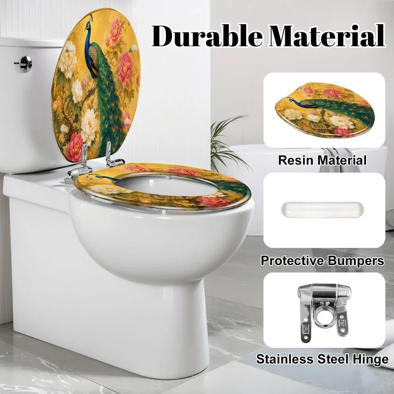 Seriously Hella Stunning Vintage Golden Peacock Flowing Tail Feather Design Elongated Toilet Seat With A Silky Smooth Soft Close Hinge And Tough As Nails Resin Craftsmanship