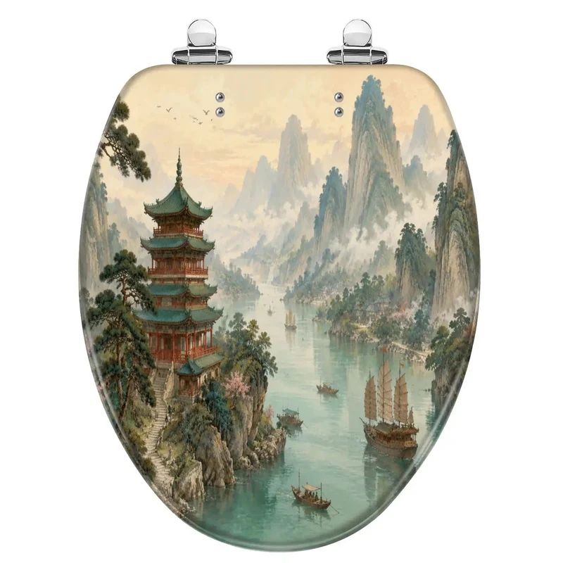 Elongated Soft Close Resin Toilet Seat With Kickin Chinoiserie Pagoda River Landscape Art Designed For Real Bathrooms Featuring Dang Solid Construction And Zero Slam Drama Every Day