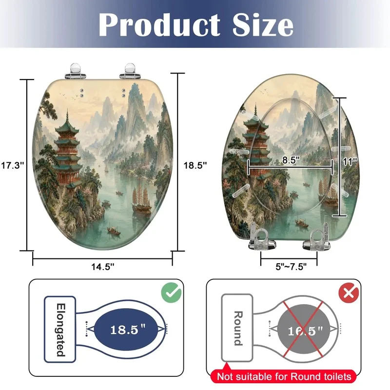 Elongated Soft Close Resin Toilet Seat With Kickin Chinoiserie Pagoda River Landscape Art Designed For Real Bathrooms Featuring Dang Solid Construction And Zero Slam Drama Every Day
