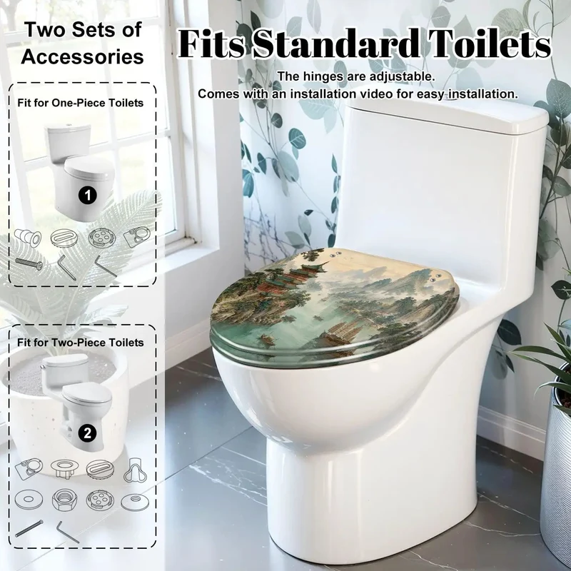 Elongated Soft Close Resin Toilet Seat With Kickin Chinoiserie Pagoda River Landscape Art Designed For Real Bathrooms Featuring Dang Solid Construction And Zero Slam Drama Every Day