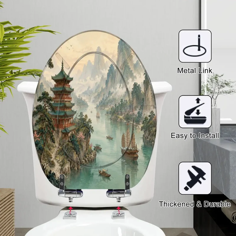 Elongated Soft Close Resin Toilet Seat With Kickin Chinoiserie Pagoda River Landscape Art Designed For Real Bathrooms Featuring Dang Solid Construction And Zero Slam Drama Every Day