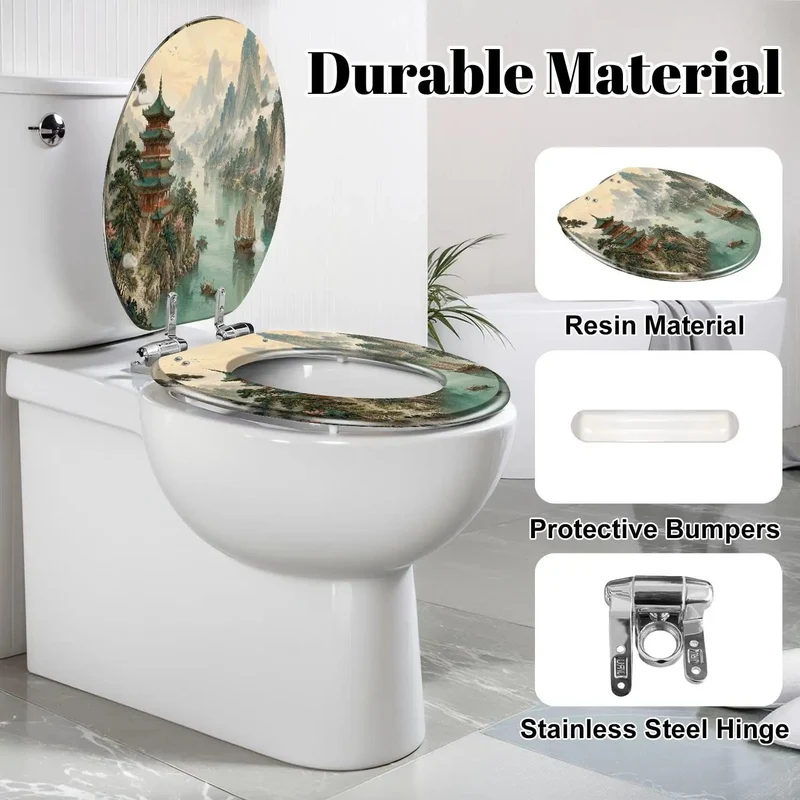 Elongated Soft Close Resin Toilet Seat With Kickin Chinoiserie Pagoda River Landscape Art Designed For Real Bathrooms Featuring Dang Solid Construction And Zero Slam Drama Every Day