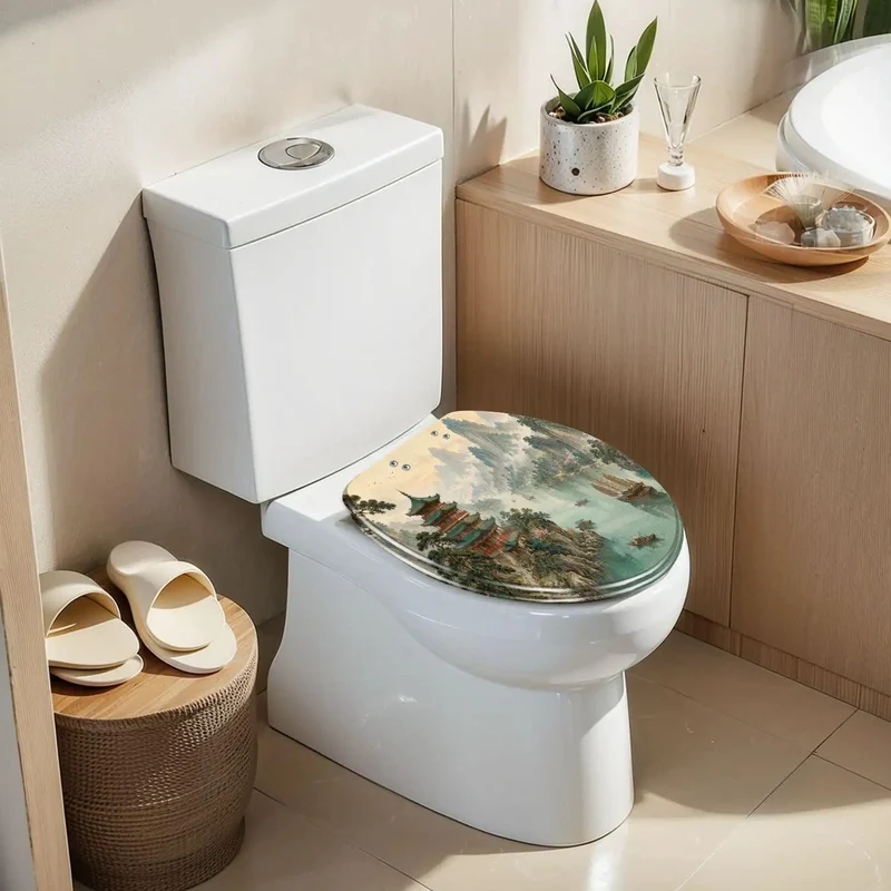 Elongated Soft Close Resin Toilet Seat With Kickin Chinoiserie Pagoda River Landscape Art Designed For Real Bathrooms Featuring Dang Solid Construction And Zero Slam Drama Every Day