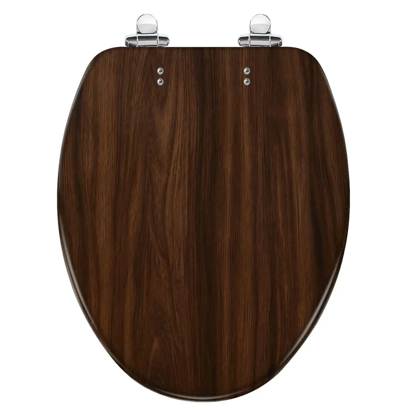 Premium Elongated Resin Toilet Seat With Soft Close Hinges Featuring A Warm Walnut Wood Grain Design That Offers Silent Glide Action And Rock Solid Reliability For Daily Bathroom Use