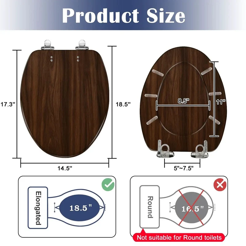 Premium Elongated Resin Toilet Seat With Soft Close Hinges Featuring A Warm Walnut Wood Grain Design That Offers Silent Glide Action And Rock Solid Reliability For Daily Bathroom Use