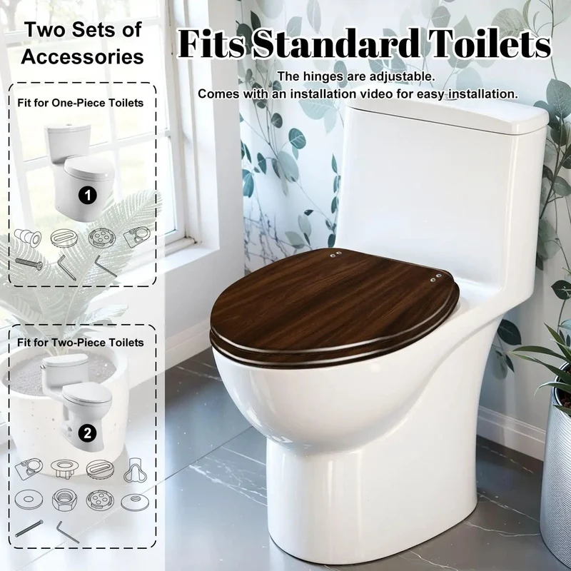 Premium Elongated Resin Toilet Seat With Soft Close Hinges Featuring A Warm Walnut Wood Grain Design That Offers Silent Glide Action And Rock Solid Reliability For Daily Bathroom Use
